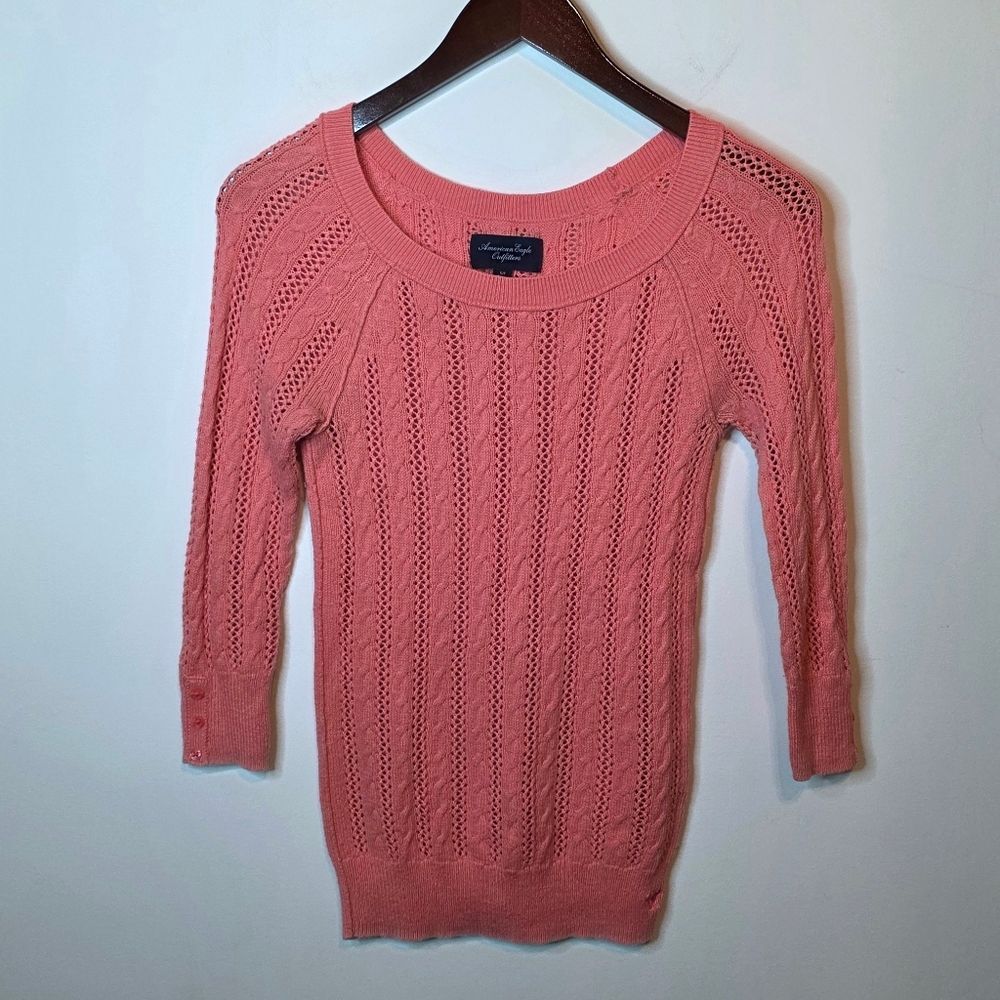 American Eagle Coral Pink 3/4 Sleeve Cable Knit Sweater Size Small